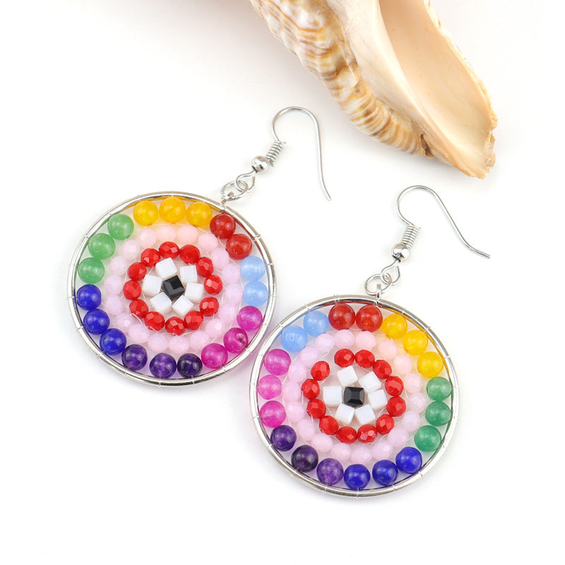 Boho Rainbow Stone Hoop Earrings – 4cm Handwoven Crystal Beads (E30)