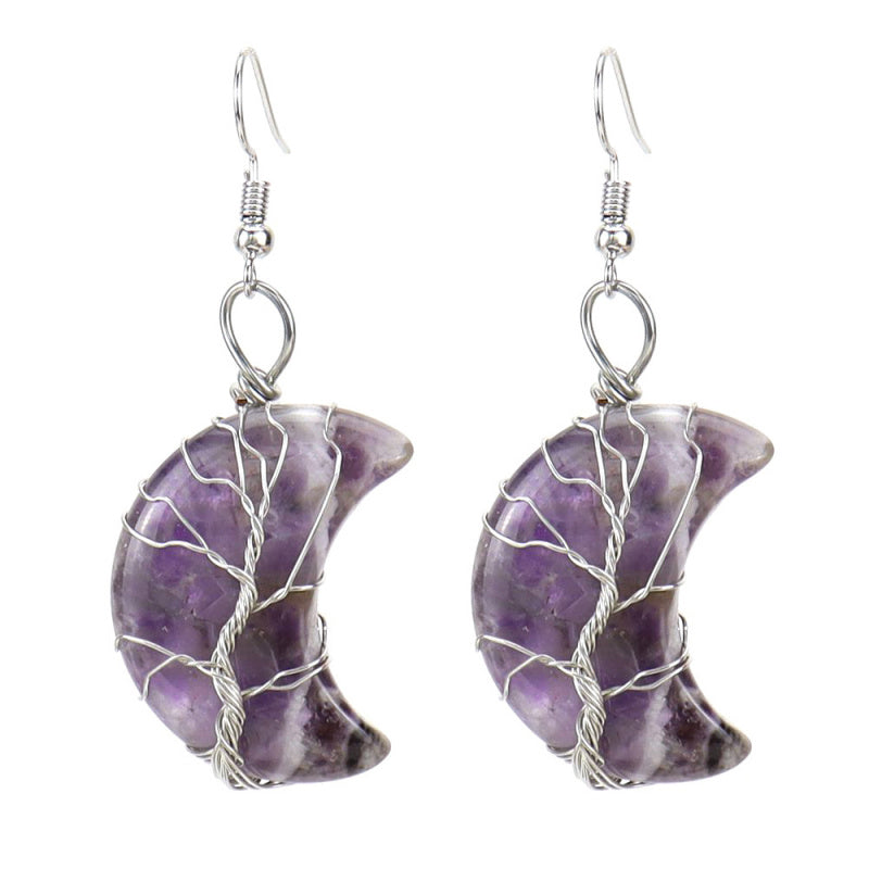 Tree of Life Moon Earrings – Amethyst Crystal Crescent Dangle (E36)