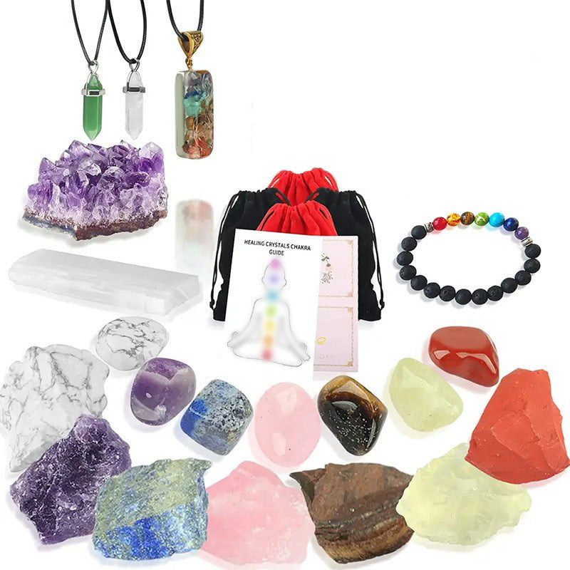 Chakra Crystal Healing Set – 7 Chakra Stones, Crystal Points & Amethyst Cluster Gift Box
