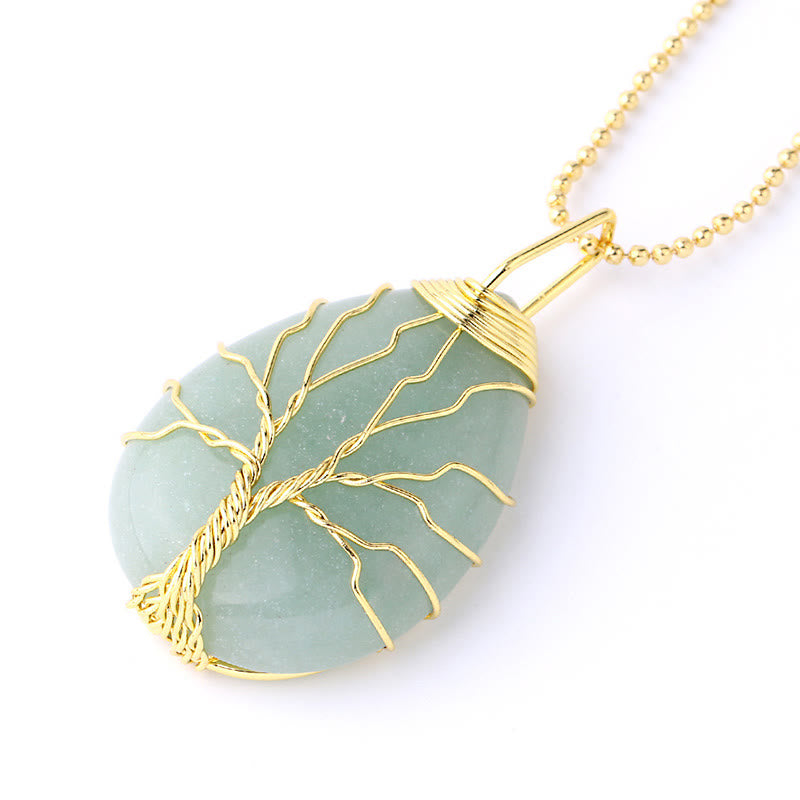 Buddha Stones Natural Quartz Crystal Tree Of Life Healing Energy Necklace Pendant Necklaces & Pendants BS Green Aventurine Gold Tree