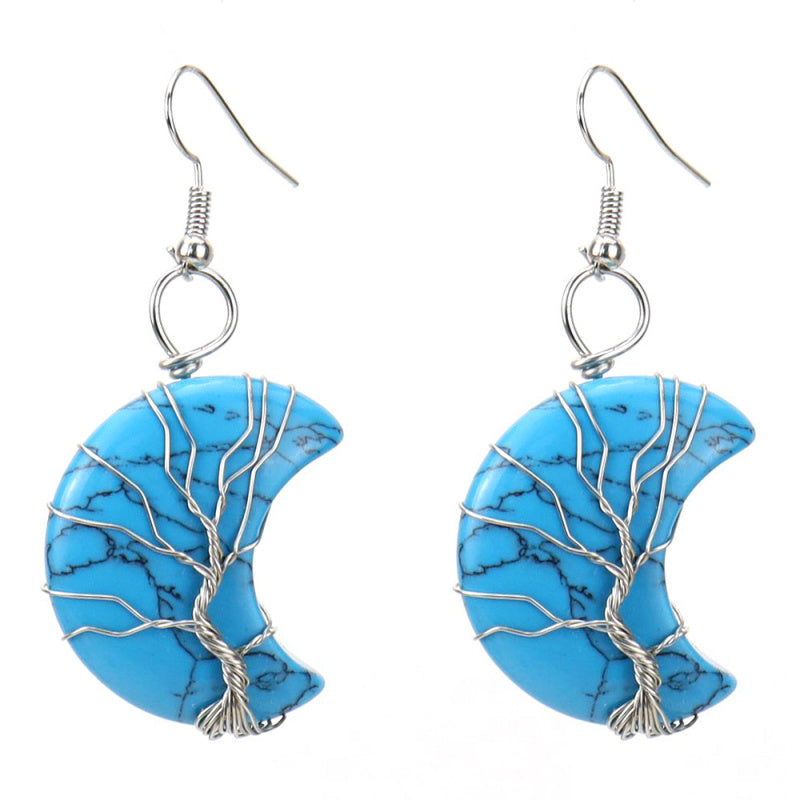 Tree of Life Moon Earrings – Amethyst Crystal Crescent Dangle (E36)