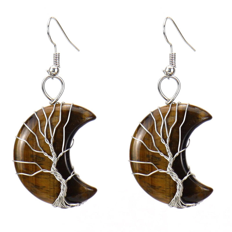 Tree of Life Moon Earrings – Amethyst Crystal Crescent Dangle (E36)