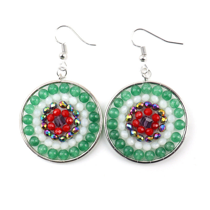 Boho Rainbow Stone Hoop Earrings – 4cm Handwoven Crystal Beads (E30)