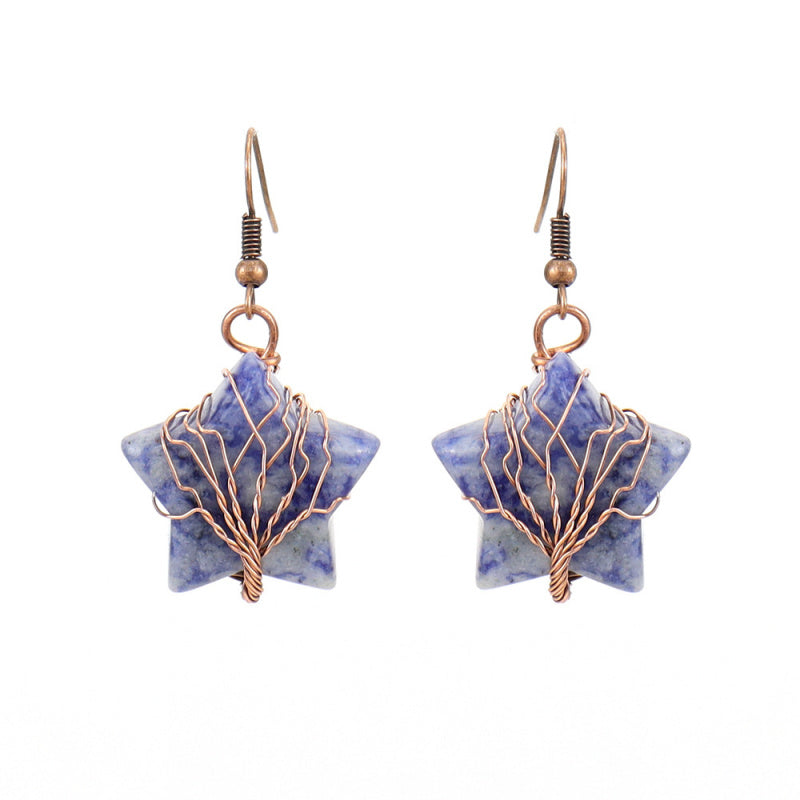 Tiger’s Eye Pentagram Earrings – Tree of Life Crystal Dangle (E56)