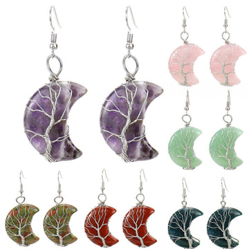Tree of Life Moon Earrings – Amethyst Crystal Crescent Dangle (E36)