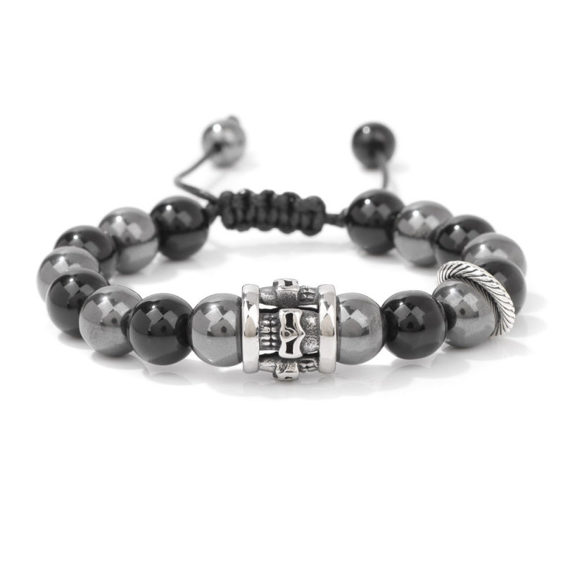 Punk Skull Bracelet – Black Obsidian Beaded, Adjustable, Rock Style