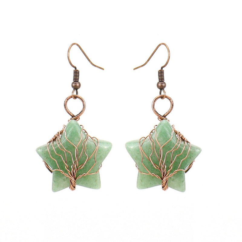 Tiger’s Eye Pentagram Earrings – Tree of Life Crystal Dangle (E56)
