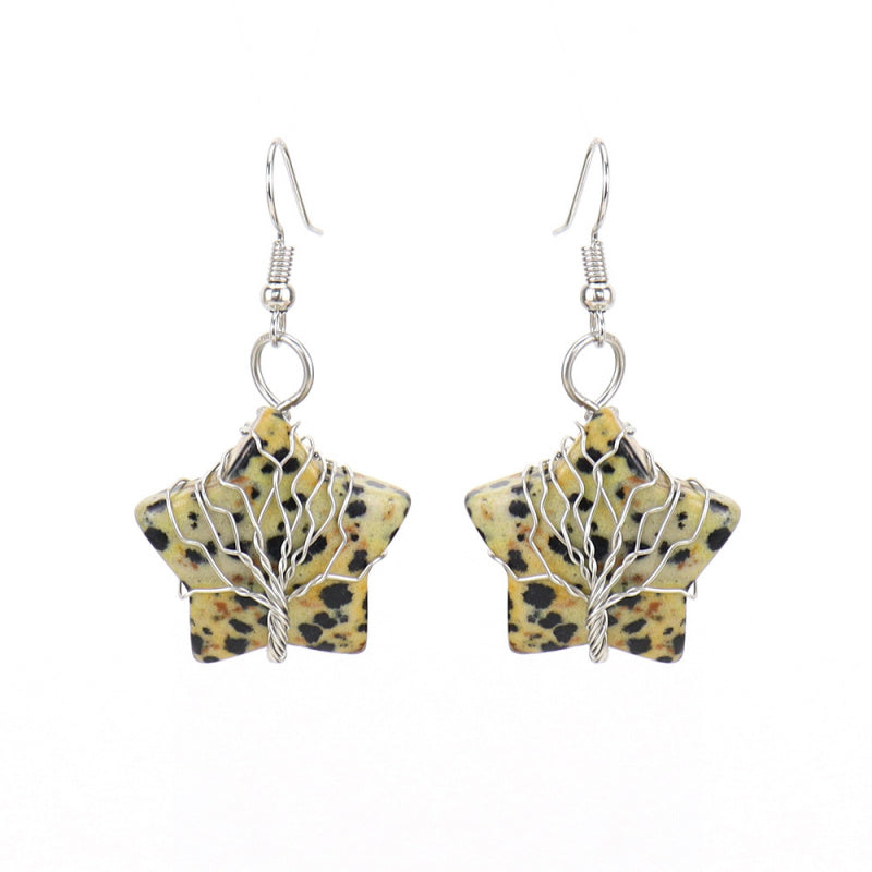 Pentagram Tree of Life Crystal Earrings – Tiger Eye Raw Stone