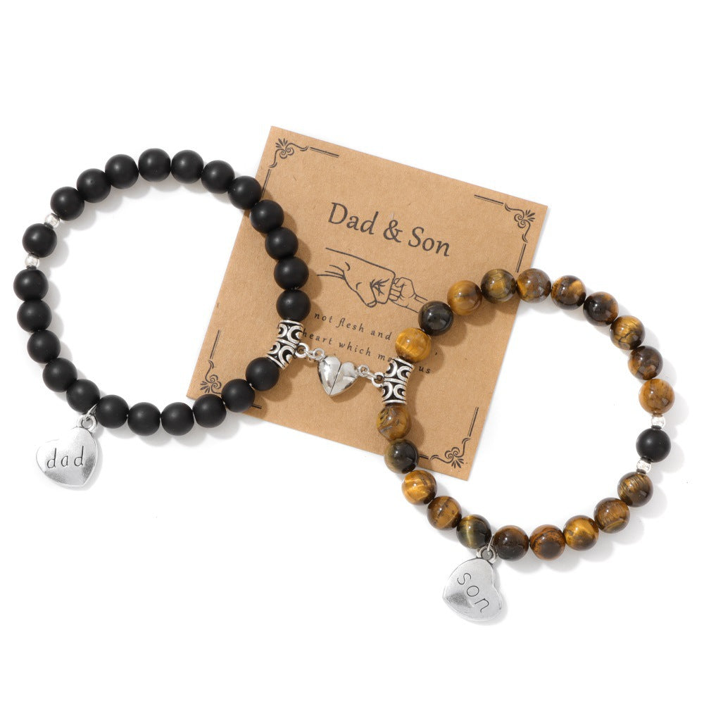 Father & Son Magnetic Heart Bracelets – Tiger Eye & Lava Rock Set