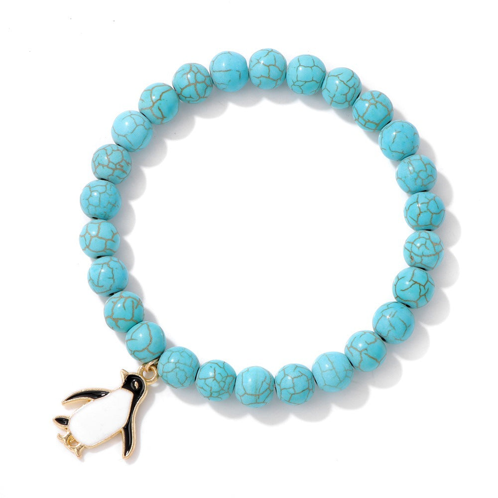 Penguin gemstone bracelet-8mm pink zebra & turquoise beads