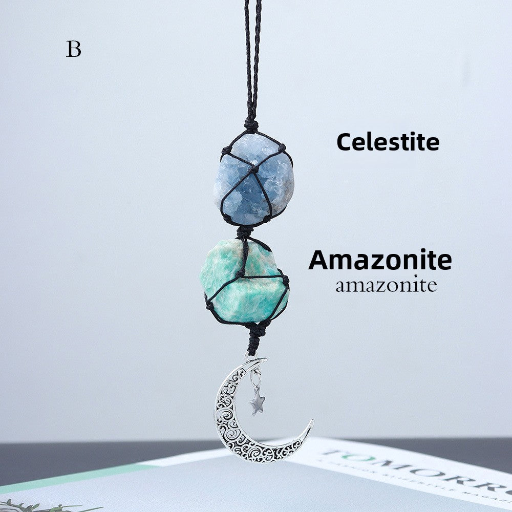 Amethyst & Rose Quartz Car Charm – Moon & Star Crystal Pendant