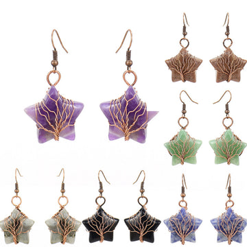 Tiger’s Eye Pentagram Earrings – Tree of Life Crystal Dangle (E56)