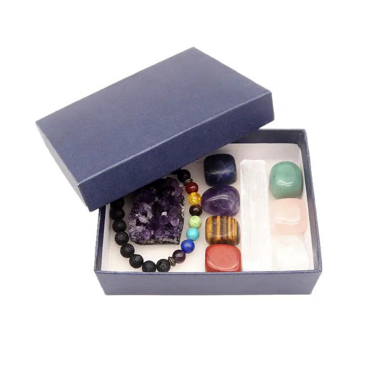 Chakra Crystal Healing Set – 7 Chakra Stones, Crystal Points & Amethyst Cluster Gift Box