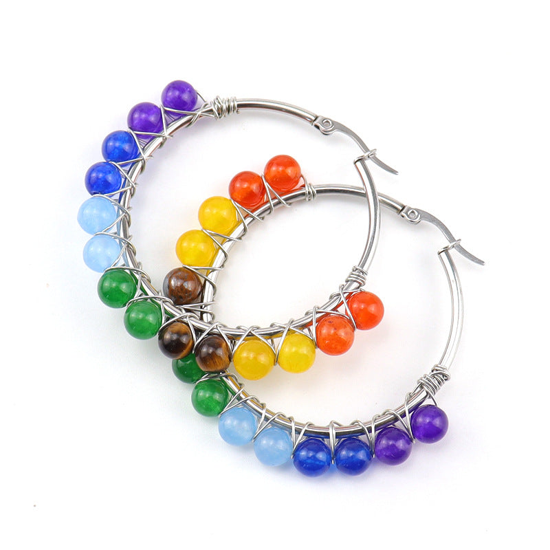 Raw Crystal Hoop Earrings – 5cm Natural Stone Bead Earrings (E26)