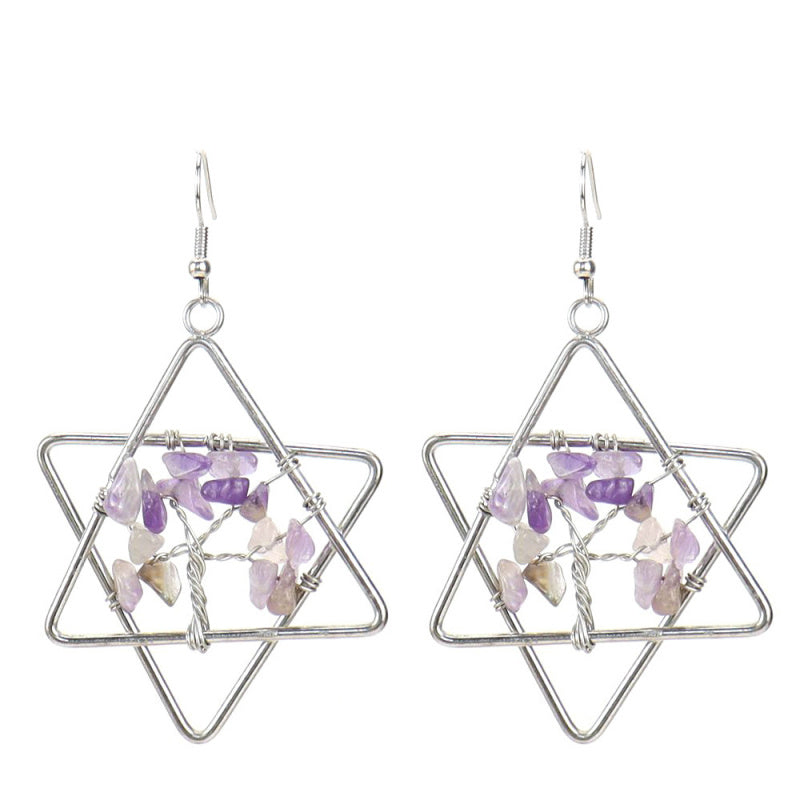 Tree of Life Hexagram Earrings – Rainbow Crystal Dangle (E17)