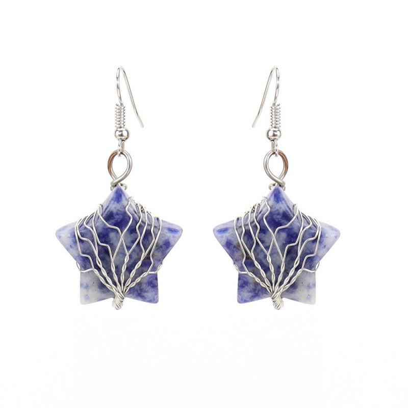 Pentagram Tree of Life Crystal Earrings – Tiger Eye Raw Stone