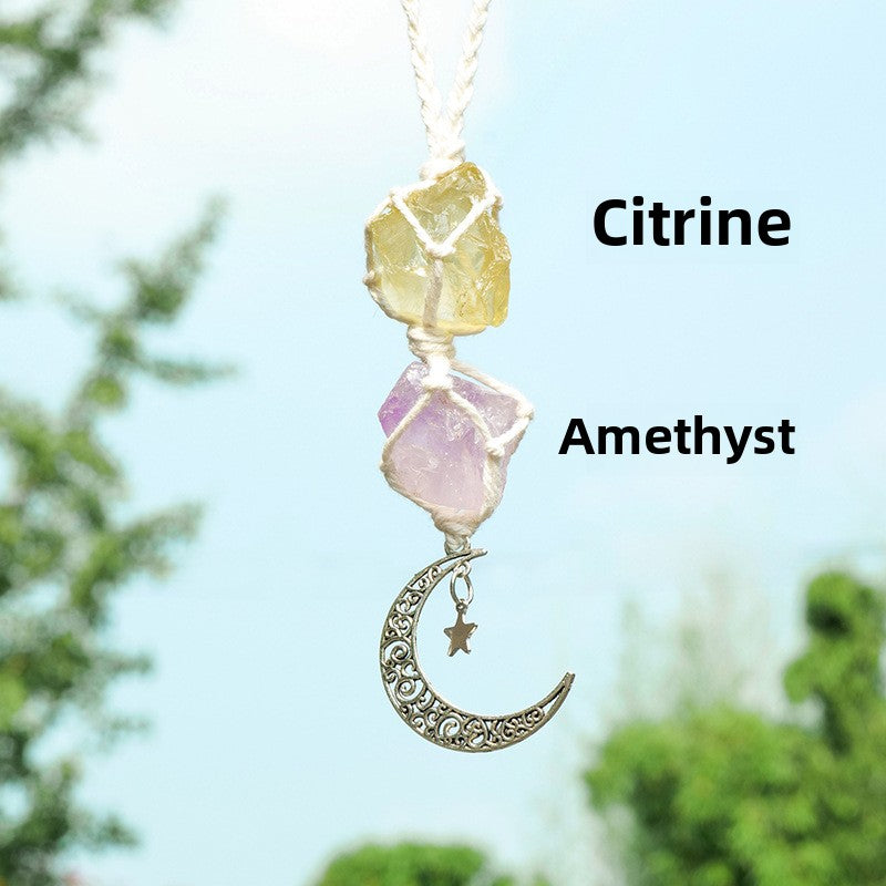Amethyst & Rose Quartz Car Charm – Moon & Star Crystal Pendant