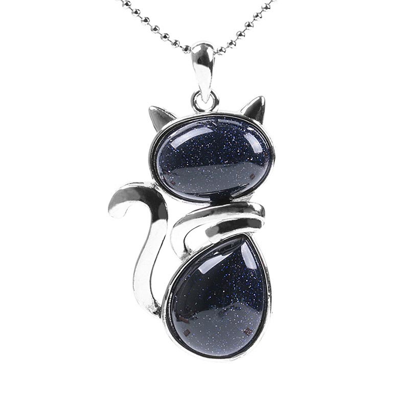 Buddha Stones Cat Pattern Natural Crystal Protection Necklace Pendant Necklaces & Pendants BS Blue Sandstone