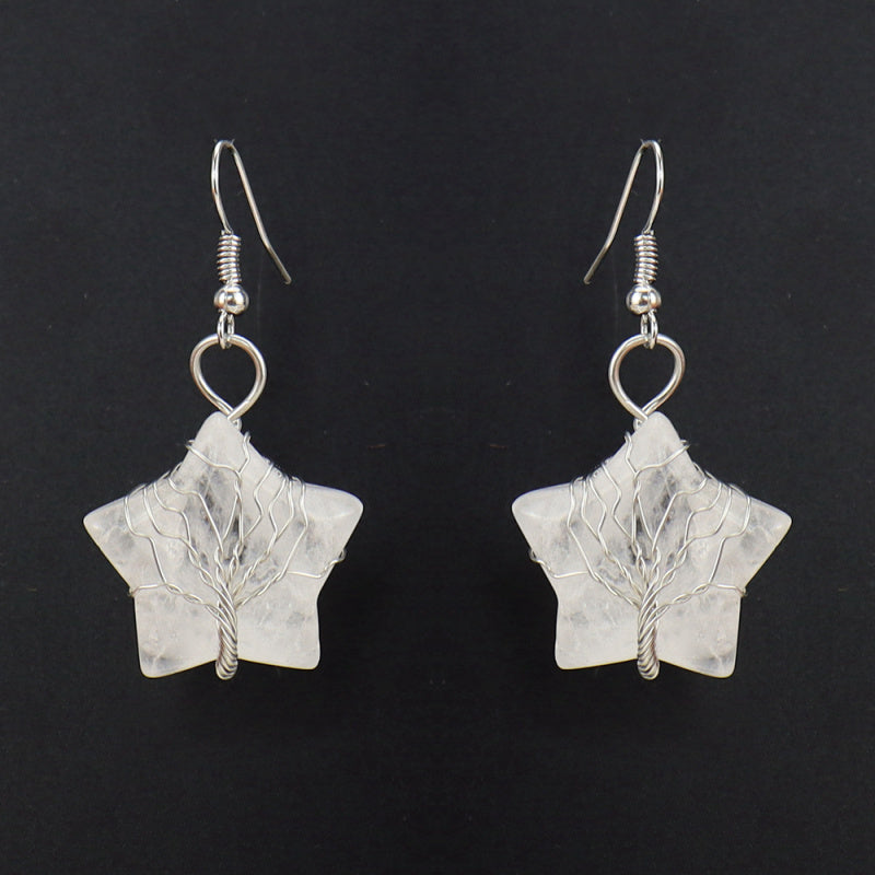 Pentagram Tree of Life Crystal Earrings – Tiger Eye Raw Stone