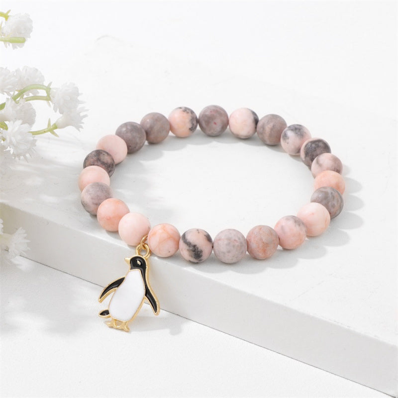 Penguin gemstone bracelet-8mm pink zebra & turquoise beads