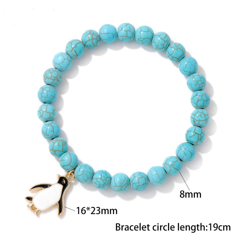 Penguin gemstone bracelet-8mm pink zebra & turquoise beads