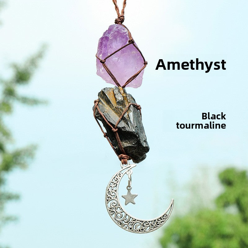 Amethyst & Rose Quartz Car Charm – Moon & Star Crystal Pendant