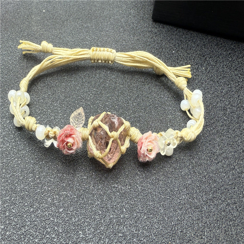 Natural Raw Glass Stone Bracelet – Handwoven Floral Macrame