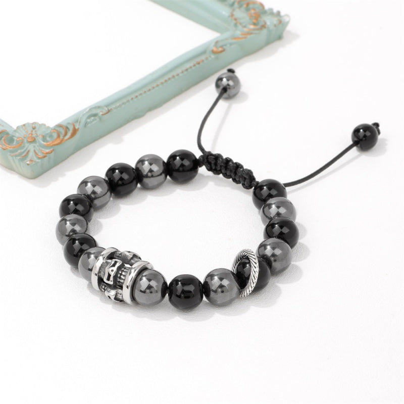 Punk Skull Bracelet – Black Obsidian Beaded, Adjustable, Rock Style