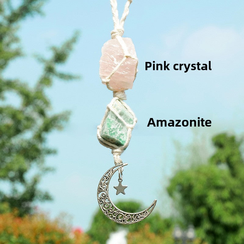 Amethyst & Rose Quartz Car Charm – Moon & Star Crystal Pendant