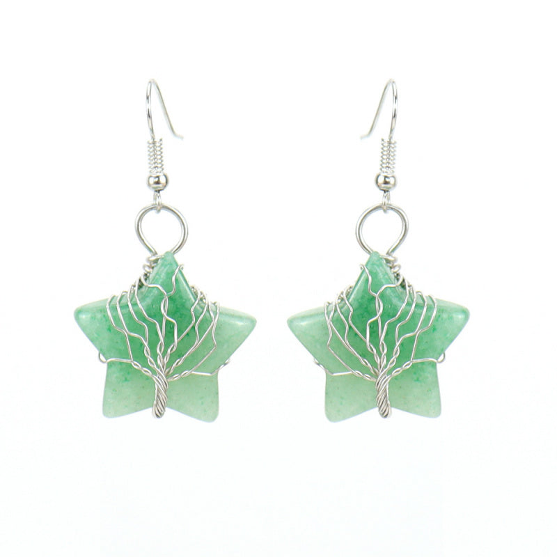 Pentagram Tree of Life Crystal Earrings – Tiger Eye Raw Stone