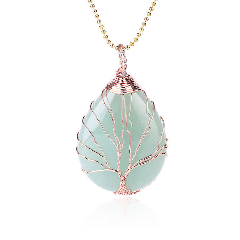 Buddha Stones Natural Quartz Crystal Tree Of Life Healing Energy Necklace Pendant Necklaces & Pendants BS Green Aventurine Rose Gold Tree