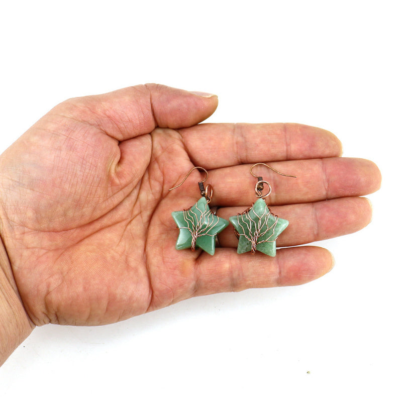 Tiger’s Eye Pentagram Earrings – Tree of Life Crystal Dangle (E56)