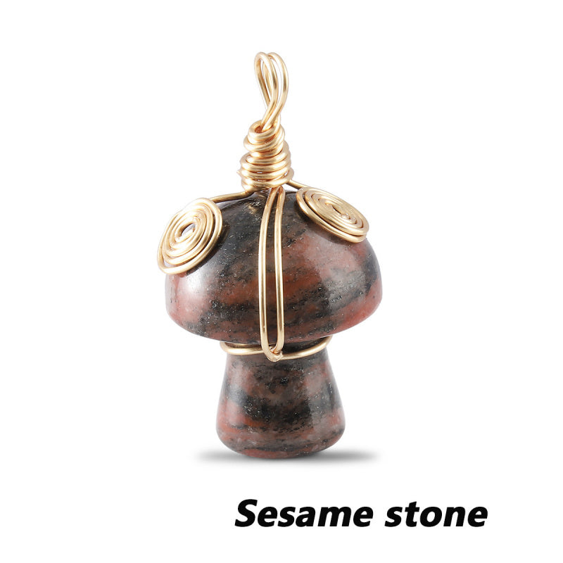 Natural Gemstone Mushroom Pendant - Wire-Wrapped Crystal Necklace