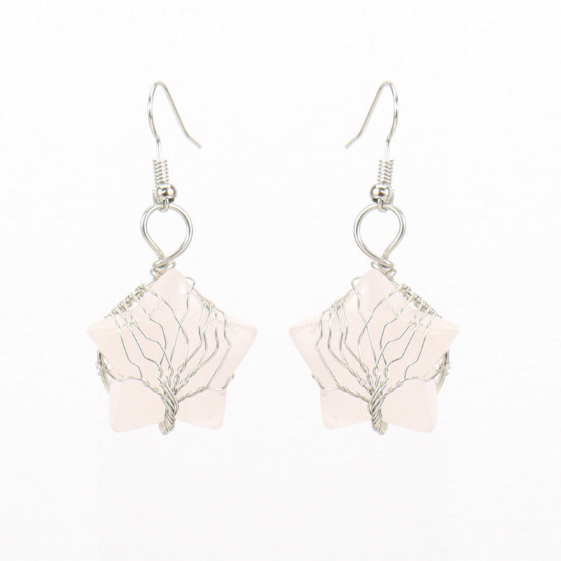 Pentagram Tree of Life Crystal Earrings – Tiger Eye Raw Stone