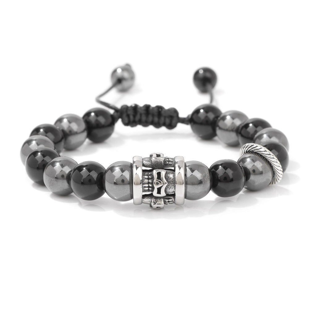 Punk Skull Bracelet – Black Obsidian Beaded, Adjustable, Rock Style