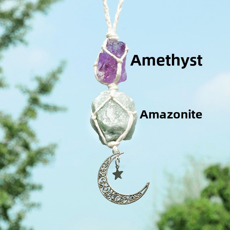 Amethyst & Rose Quartz Car Charm – Moon & Star Crystal Pendant