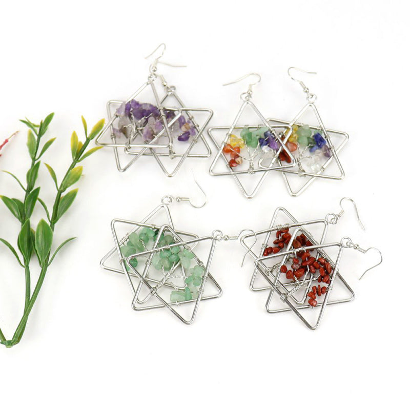 Tree of Life Hexagram Earrings – Rainbow Crystal Dangle (E17)
