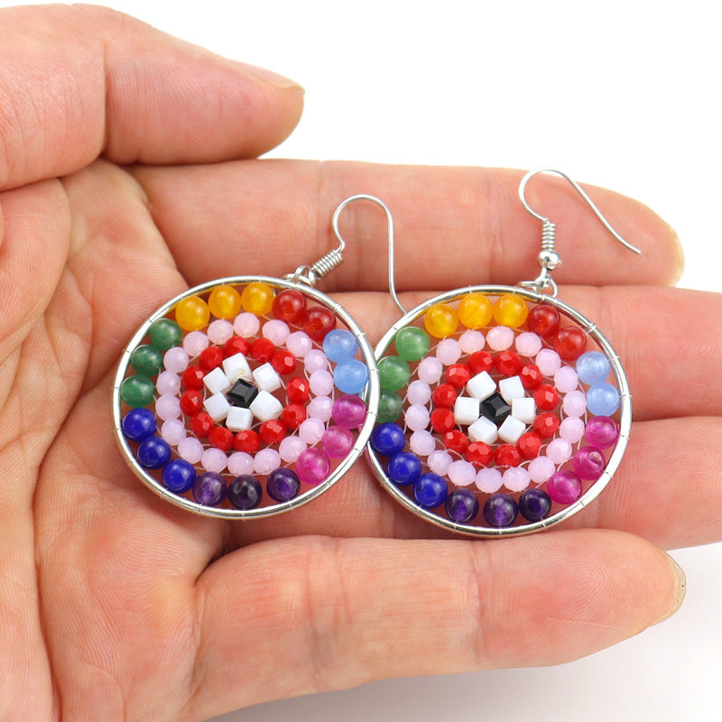 Boho Rainbow Stone Hoop Earrings – 4cm Handwoven Crystal Beads (E30)