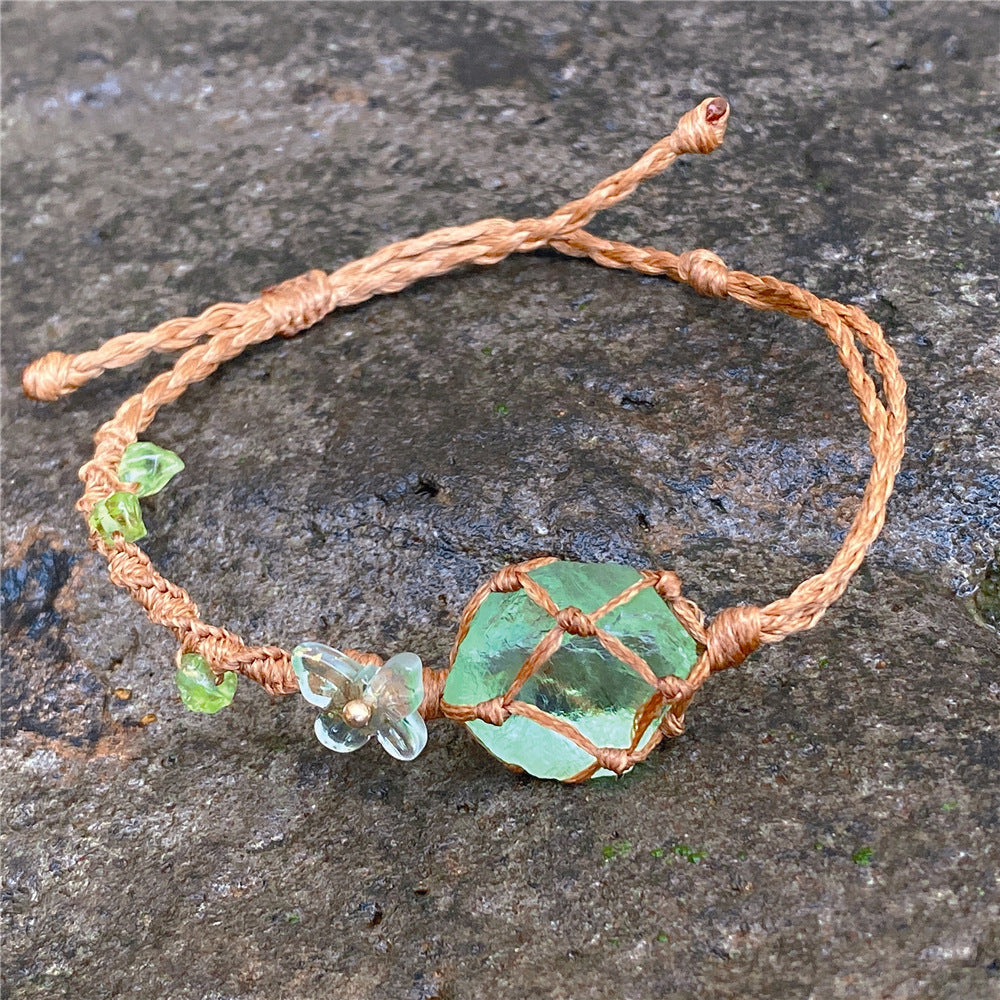 Fluorite Raw Stone Forest Bracelet/Necklace – Handwoven Macrame