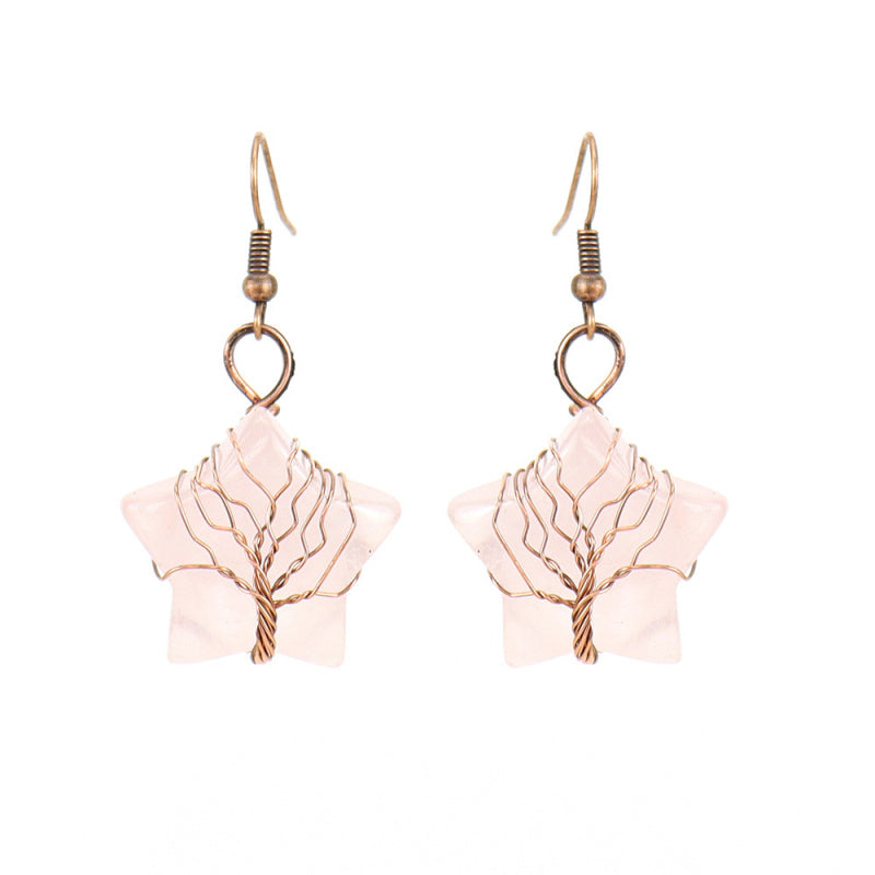 Tiger’s Eye Pentagram Earrings – Tree of Life Crystal Dangle (E56)