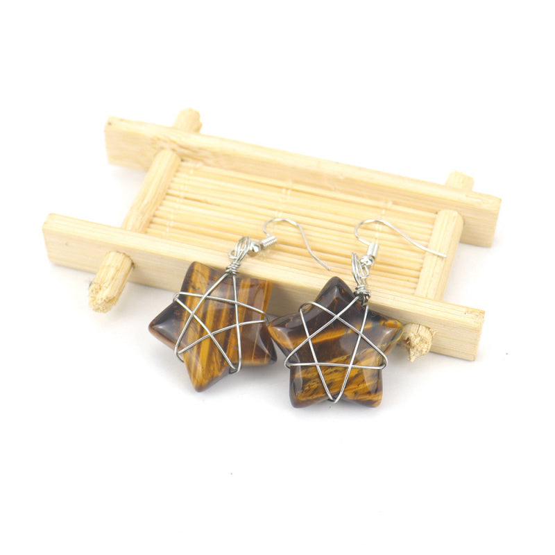 Tiger Eye Star Crystal Earrings – Handwrapped Stone Studs (E44)