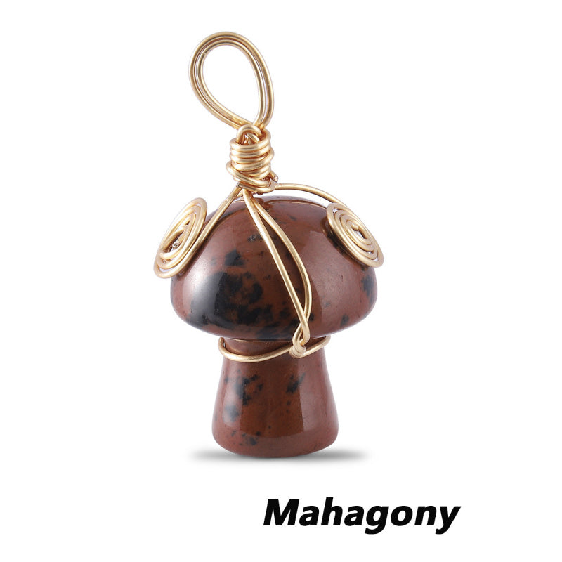 Natural Gemstone Mushroom Pendant - Wire-Wrapped Crystal Necklace