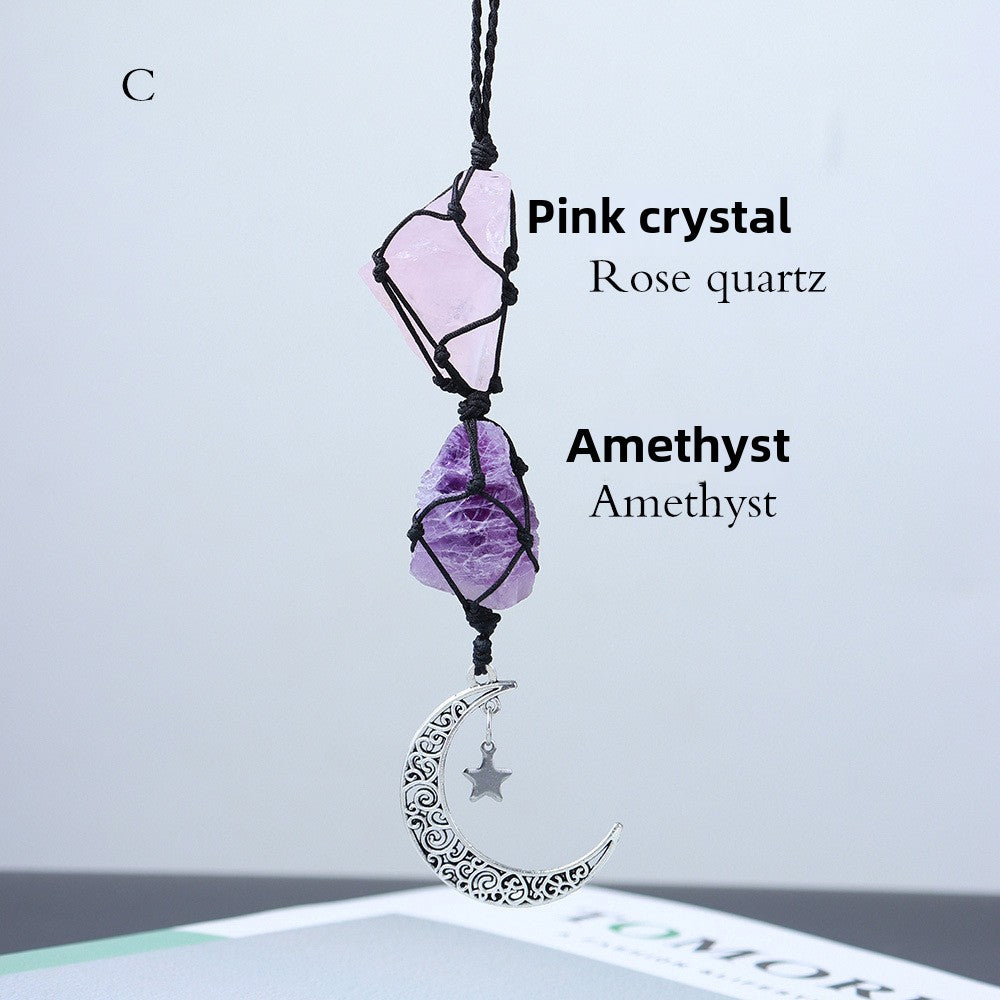 Amethyst & Rose Quartz Car Charm – Moon & Star Crystal Pendant