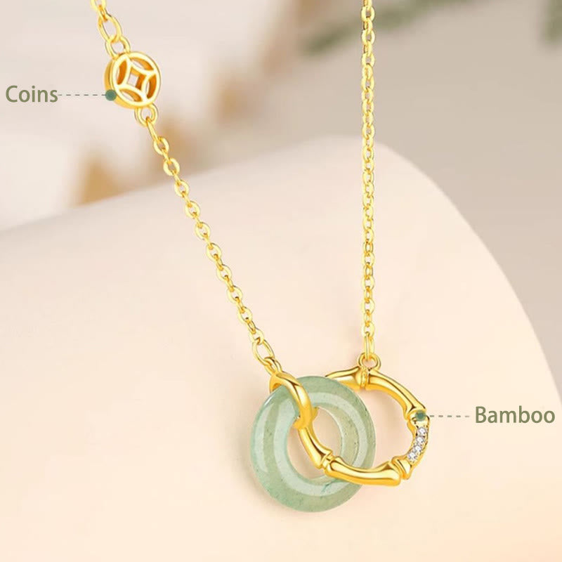 Buddha Stones 925 Sterling Silver Natural Green Aventurine Peace Buckle Bamboo Coin Prosperity Necklace Pendant Necklace BS 3