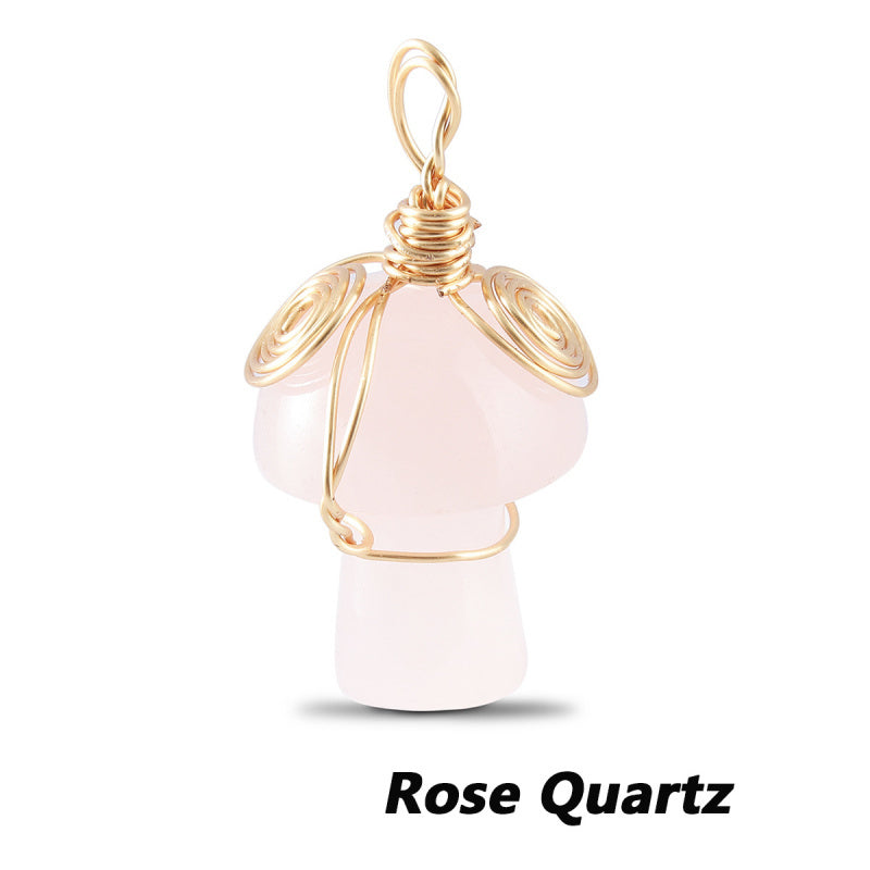 Natural Gemstone Mushroom Pendant - Wire-Wrapped Crystal Necklace