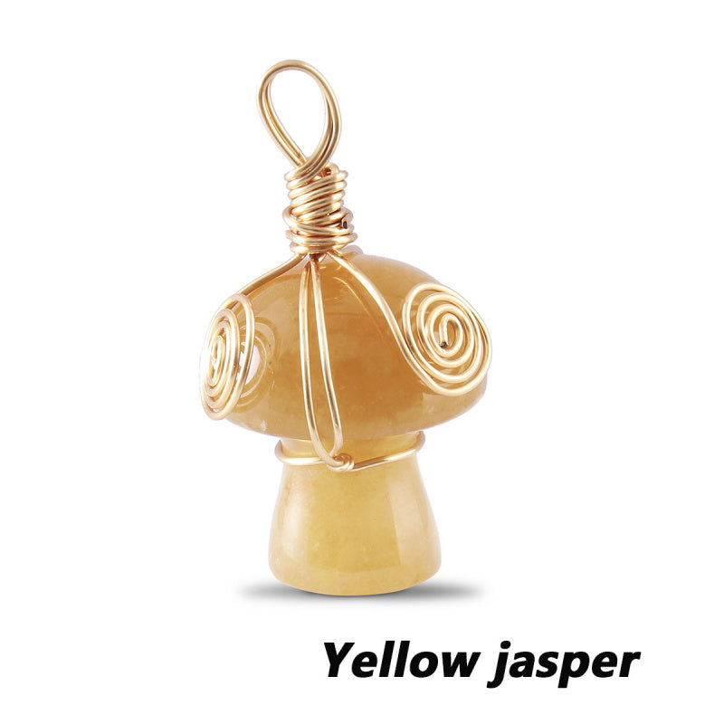 Natural Gemstone Mushroom Pendant - Wire-Wrapped Crystal Necklace