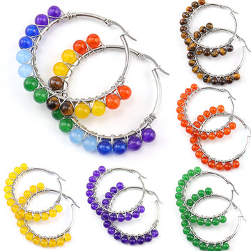 Raw Crystal Hoop Earrings – 5cm Natural Stone Bead Earrings (E26)