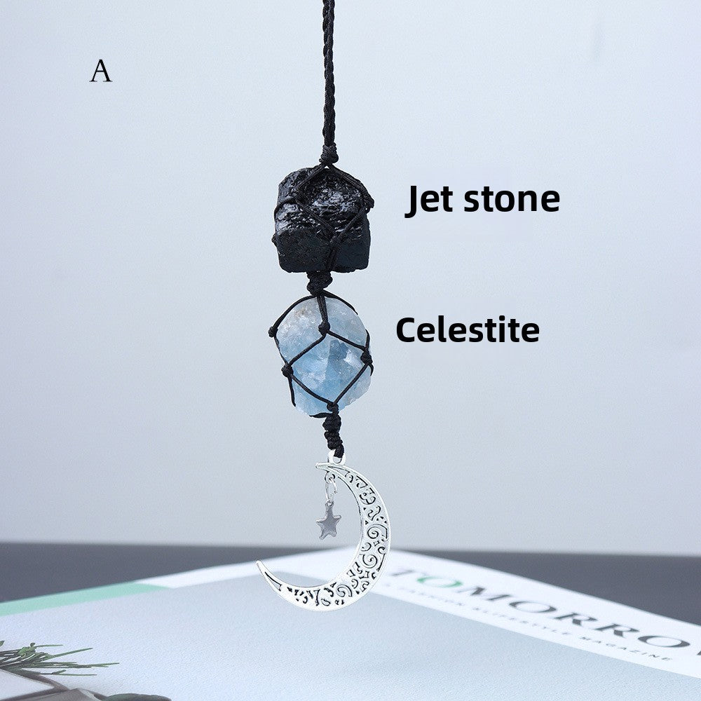 Amethyst & Rose Quartz Car Charm – Moon & Star Crystal Pendant