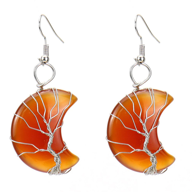 Tree of Life Moon Earrings – Amethyst Crystal Crescent Dangle (E36)