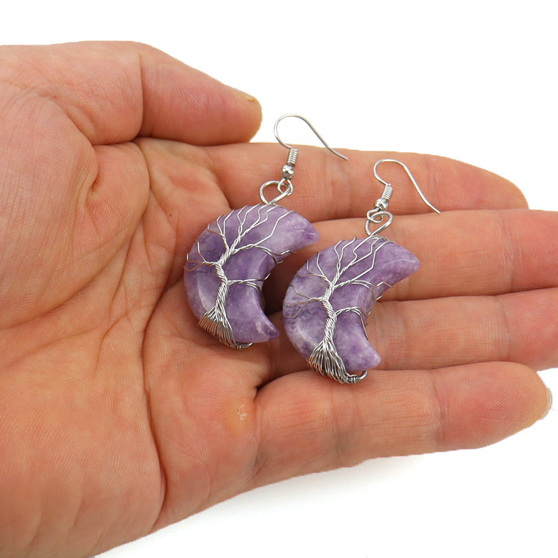 Tree of Life Moon Earrings – Amethyst Crystal Crescent Dangle (E36)